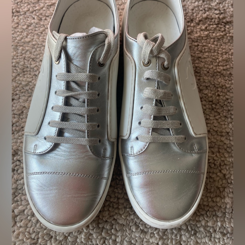 Chanel White Silver 7.5 Lace Chevre Sneakers Rubber Leather Made in Italy Coco - Picture 4 of 12